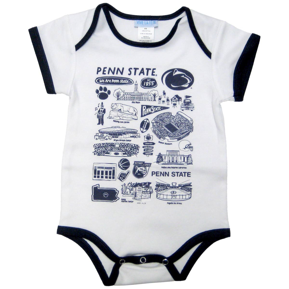 white infant onesie with assorted Penn State campus impressions